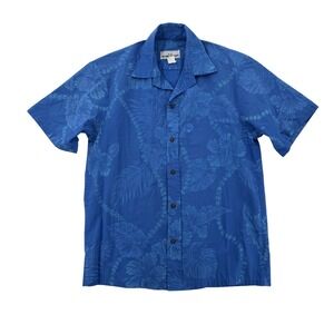 T&L Muumuu Factory Hawaiian Shirt Mens Medium Blue Floral Aloha Missing Button